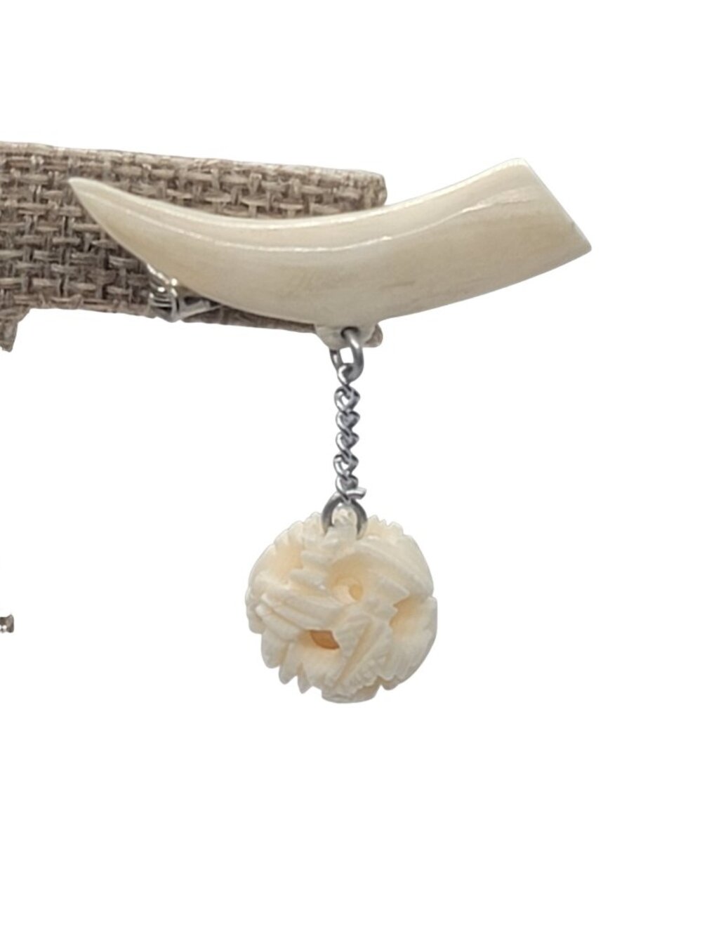 Vintage Carved Celluloid Horn Brooch Dangling Puzzle Ball Pendant Chain Accent